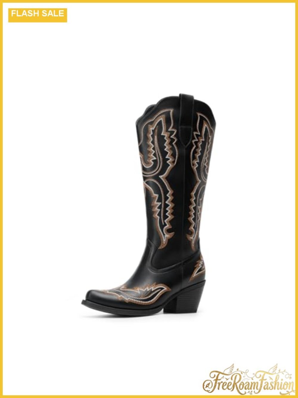 Knee High Western Cowboy Boots Faux Leather Square Toe Women